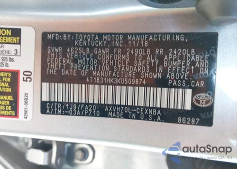 2019 Toyota Camry Hybrid Le из США, поврежденный, VIN 4T1B31HK3KU509874